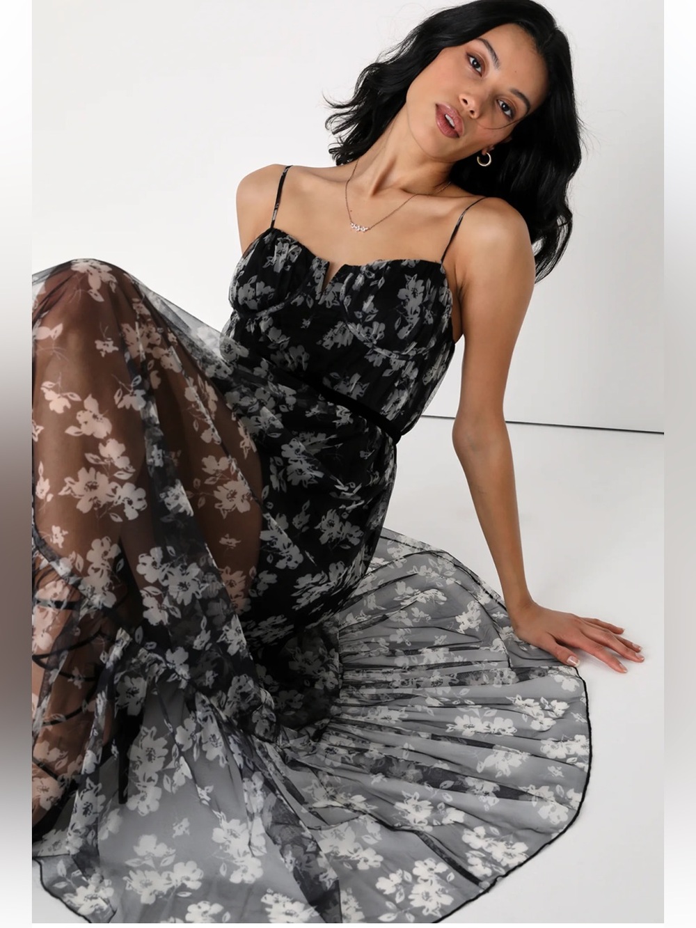 Lulu’s Everlasting Chic Black Floral Print Tulle Bustier Maxi Dress